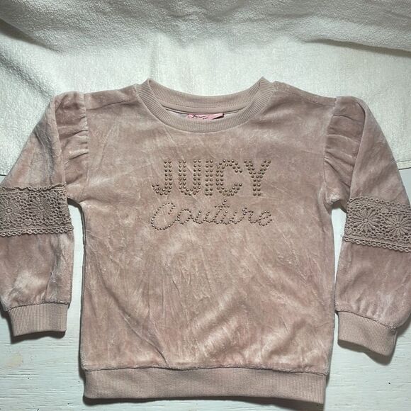 3T pink velvet long sleeve crocheted lace sweater Juicy Couture studded graphic - Picture 1 of 16
